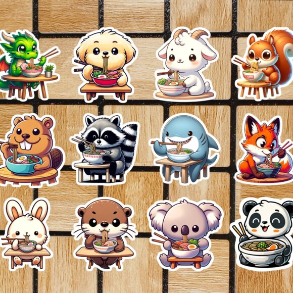 Animals Eating Ramen Sticker Pack of 12 Vinyl Stickers Cute Waterproof Stickers - Picture 1 of 4